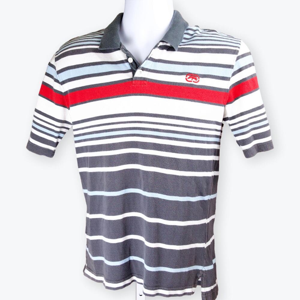 Ecko Untld Gray White Red Striped Mens Polo L